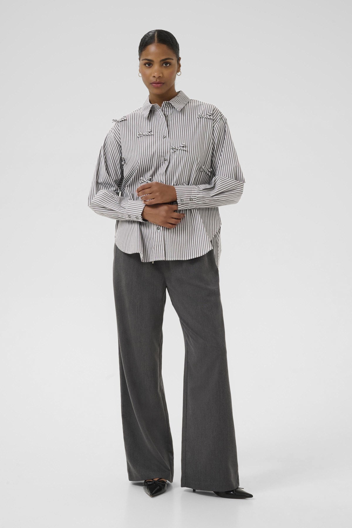 Kaffe Marianne Stripe Bow Embellished Shirt - Grey/White Stripe