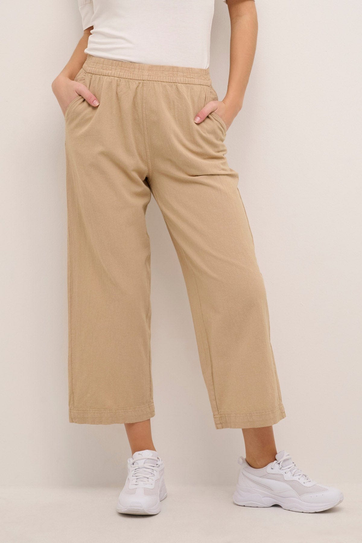 Kaffe Naya Cotton Elasticated Waist Cropped Trousers - Classic Sand