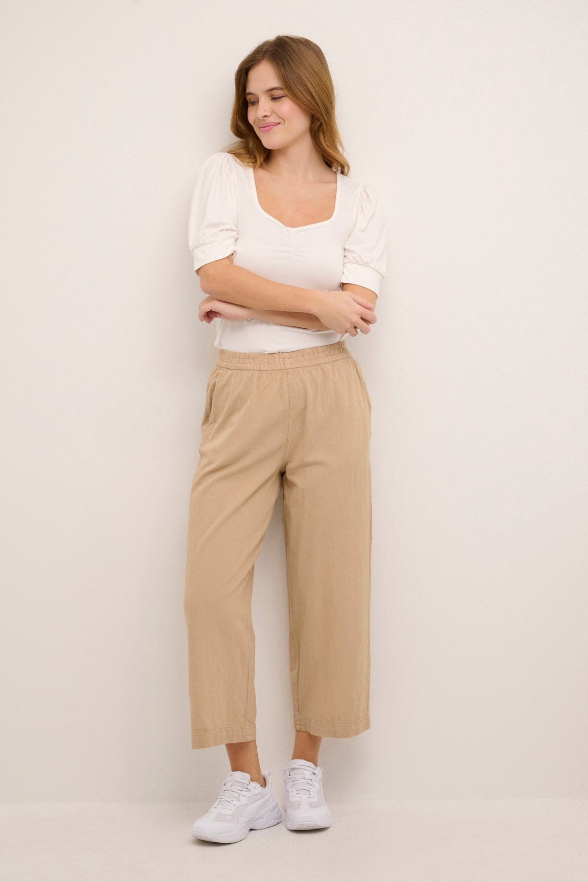 Kaffe Naya Cotton Elasticated Waist Cropped Trousers - Classic Sand
