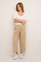 Kaffe Naya Cotton Elasticated Waist Cropped Trousers - Classic Sand