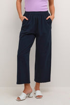 Kaffe Naya Cotton Elasticated Waist Cropped Trousers - Midnight Marine