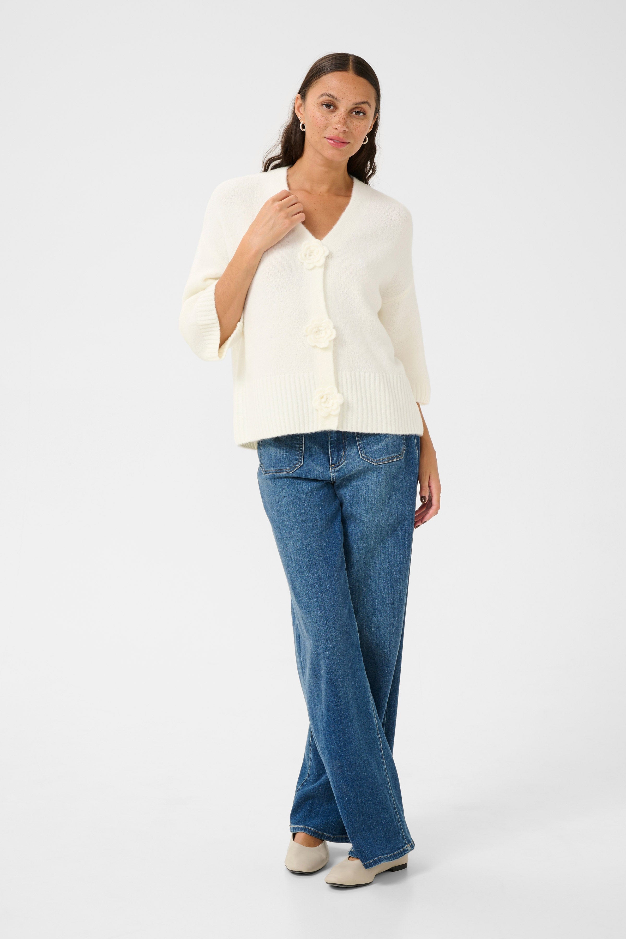 Kaffe Rosie Flower Embellished Cardigan - Chalk