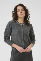 Kaffe Roxy Jewel Embellished Neck Cardigan - Grey Melange