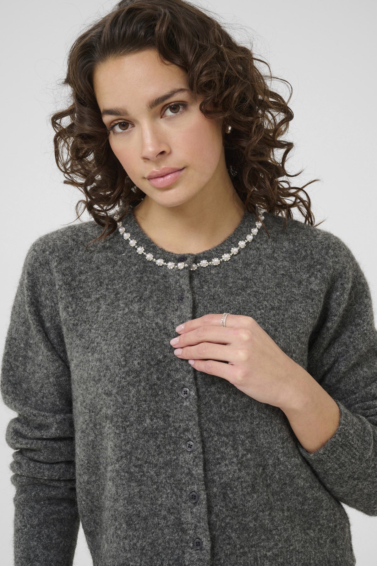 Kaffe Roxy Jewel Embellished Neck Cardigan - Grey Melange