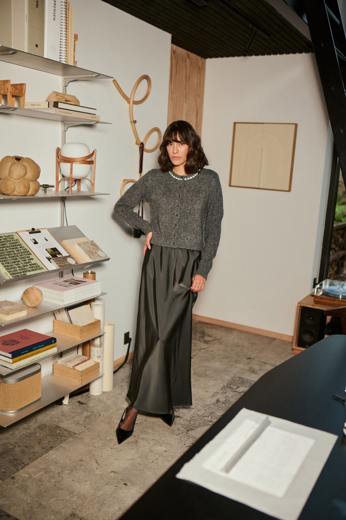 Kaffe Roxy Jewel Embellished Neck Cardigan - Grey Melange