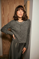 Kaffe Roxy Jewel Embellished Neck Cardigan - Grey Melange