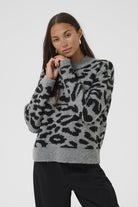 Kaffe Sandra Jumper - Light Grey Melange/Black Leopard