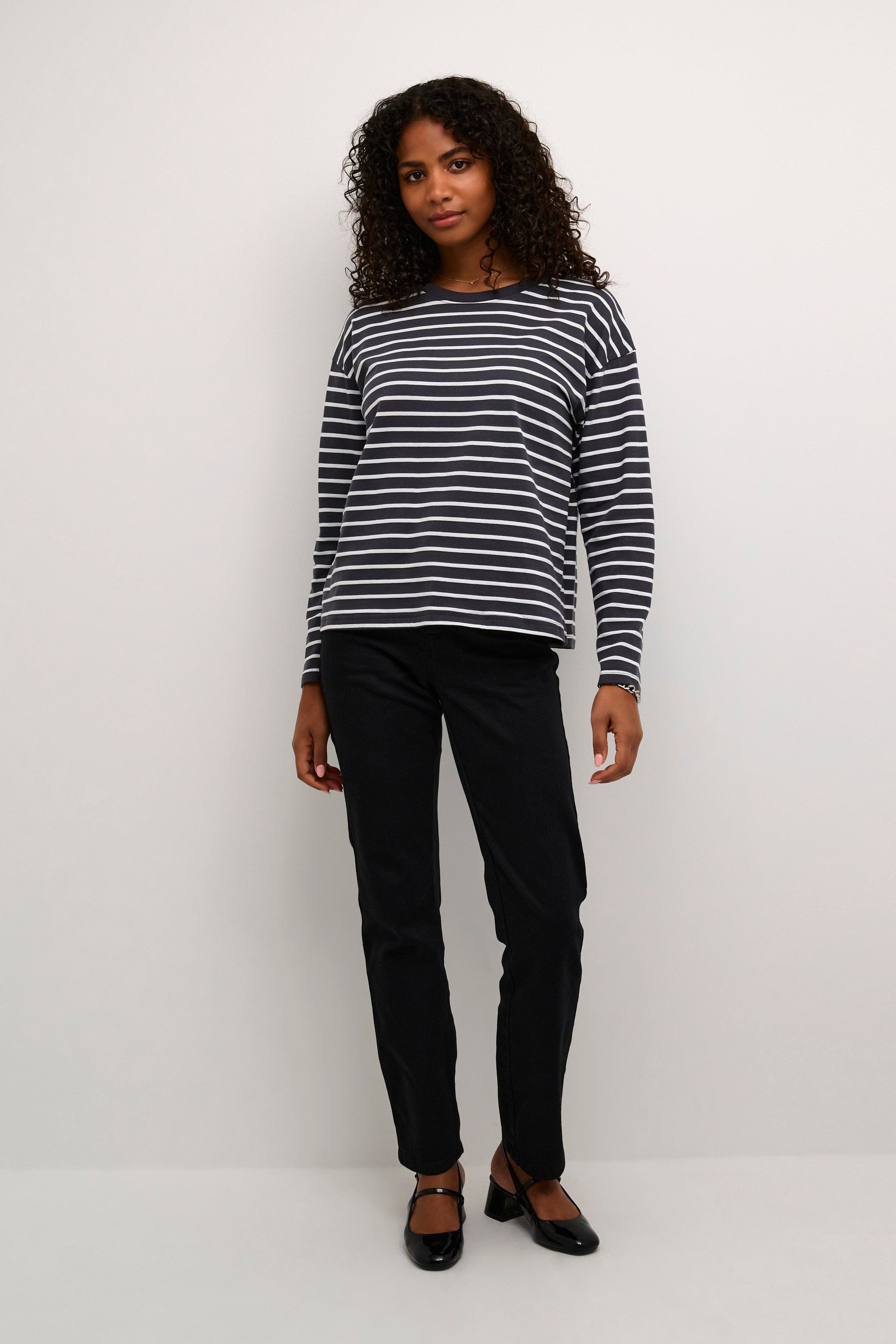 Kaffe Winny Long Sleeve T-Shirt - Black Oyster/Ant. White Stripe