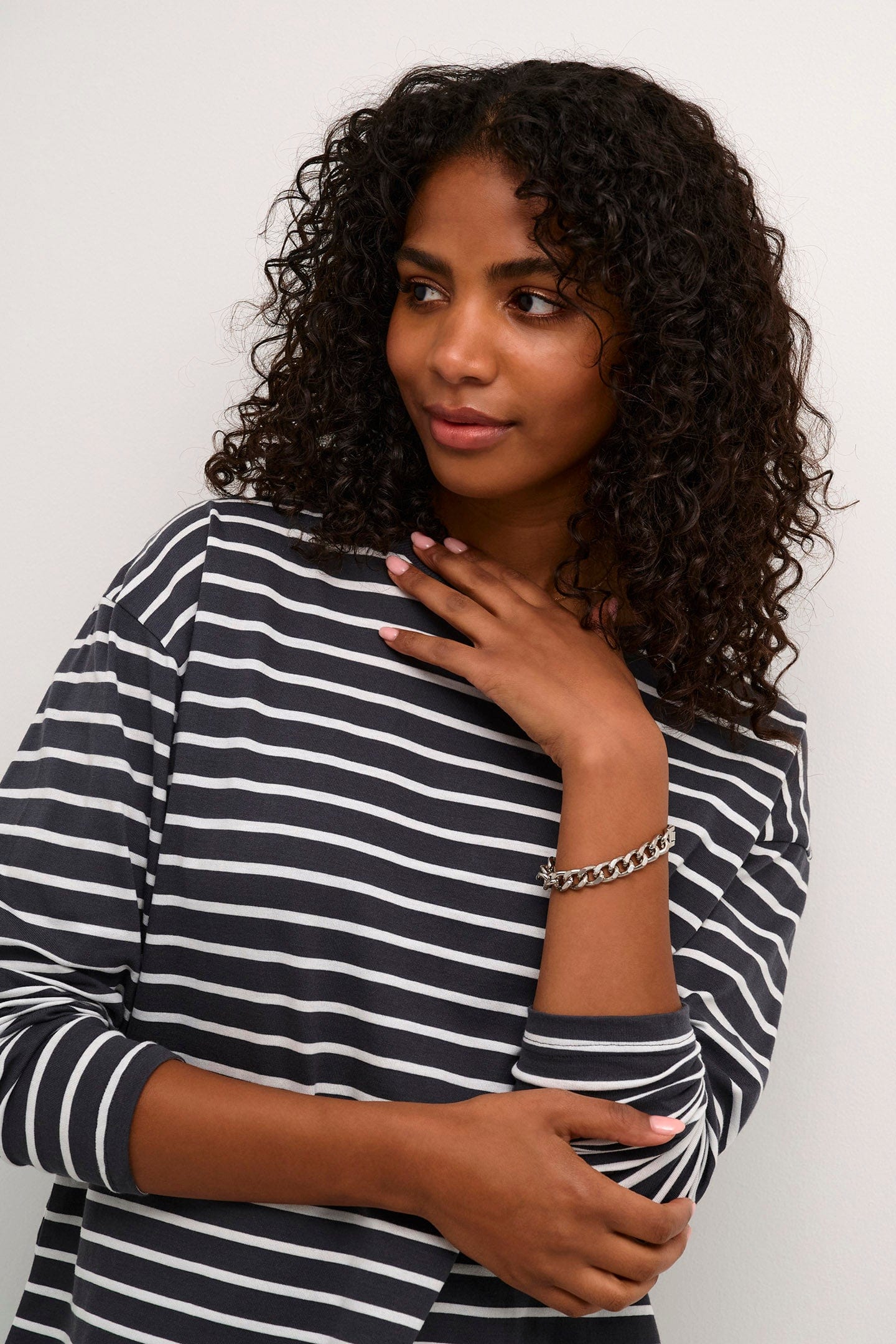 Kaffe Winny Long Sleeve T-Shirt - Black Oyster/Ant. White Stripe