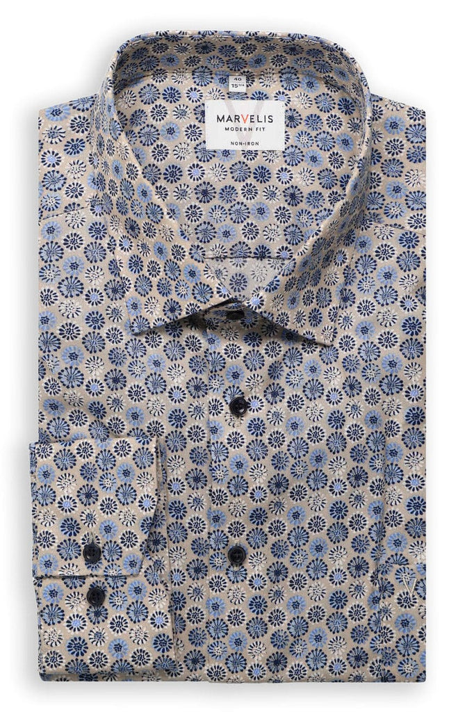 Marvelis Non-Iron Modern Fit Flower Print Shirt - Beige/Blue