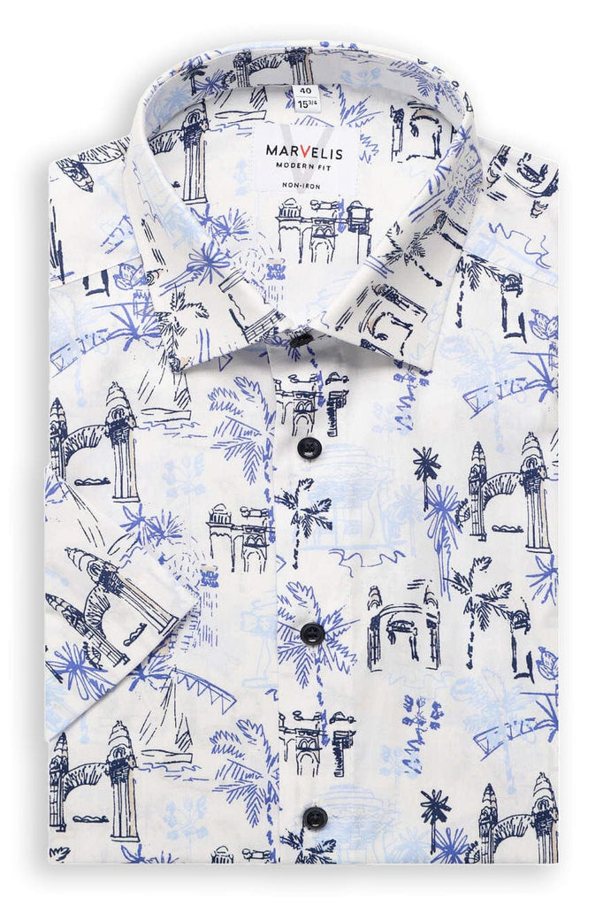 Marvelis Non-Iron Modern Fit Sketch Print Shirt - White/Blue