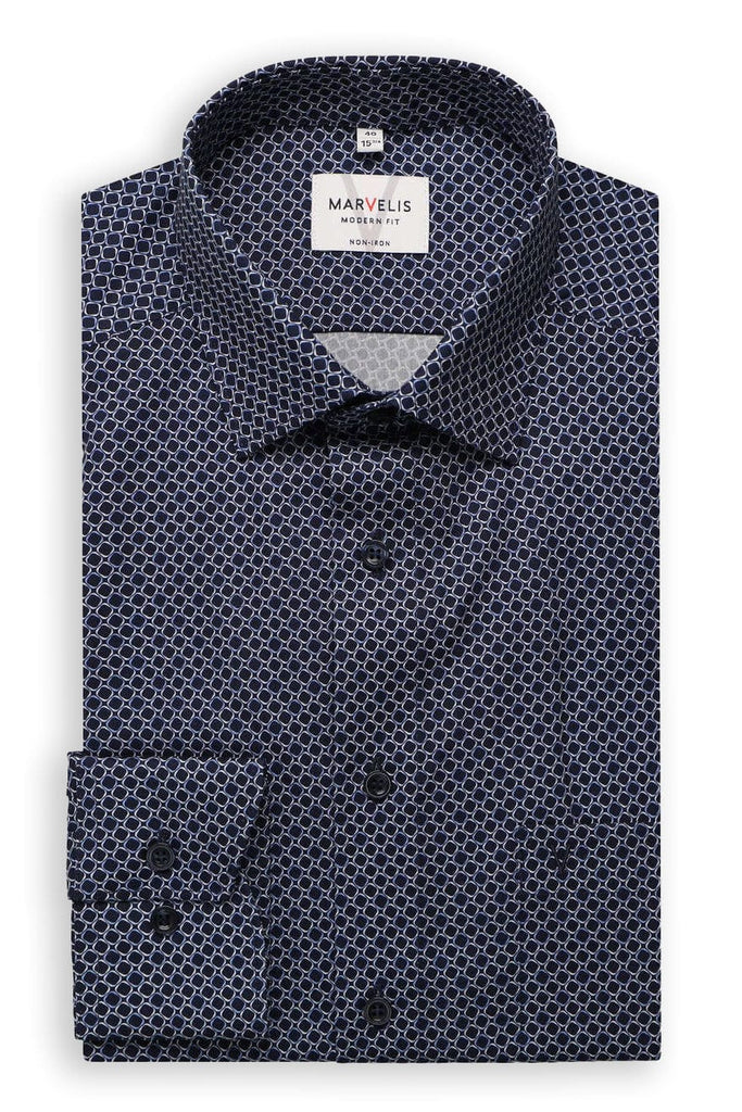Marvelis Non-Iron Modern Fit Tile Print Shirt - Navy/Blue
