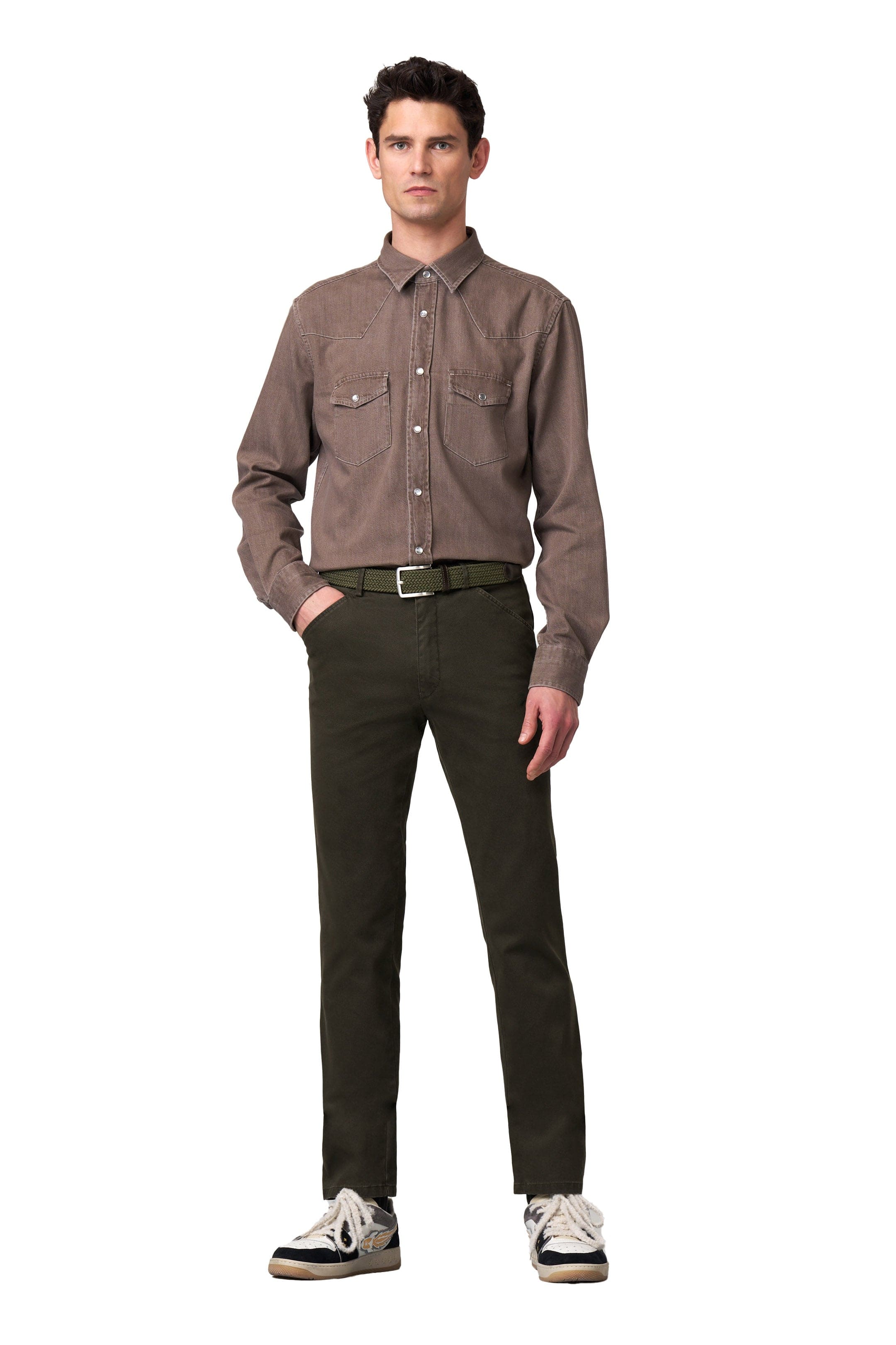 Meyer Chicago Micro Texture Cotton Stretch Chinos - Dark Olive