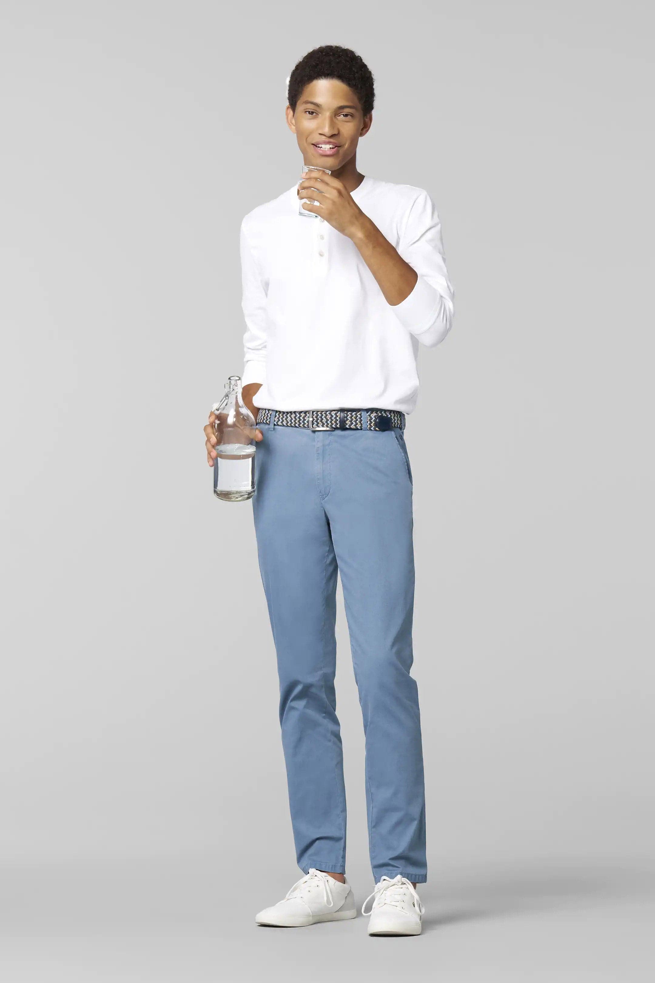 Meyer Oslo Stretch Waist Micro Cotton Summer Chinos - Mid-Blue