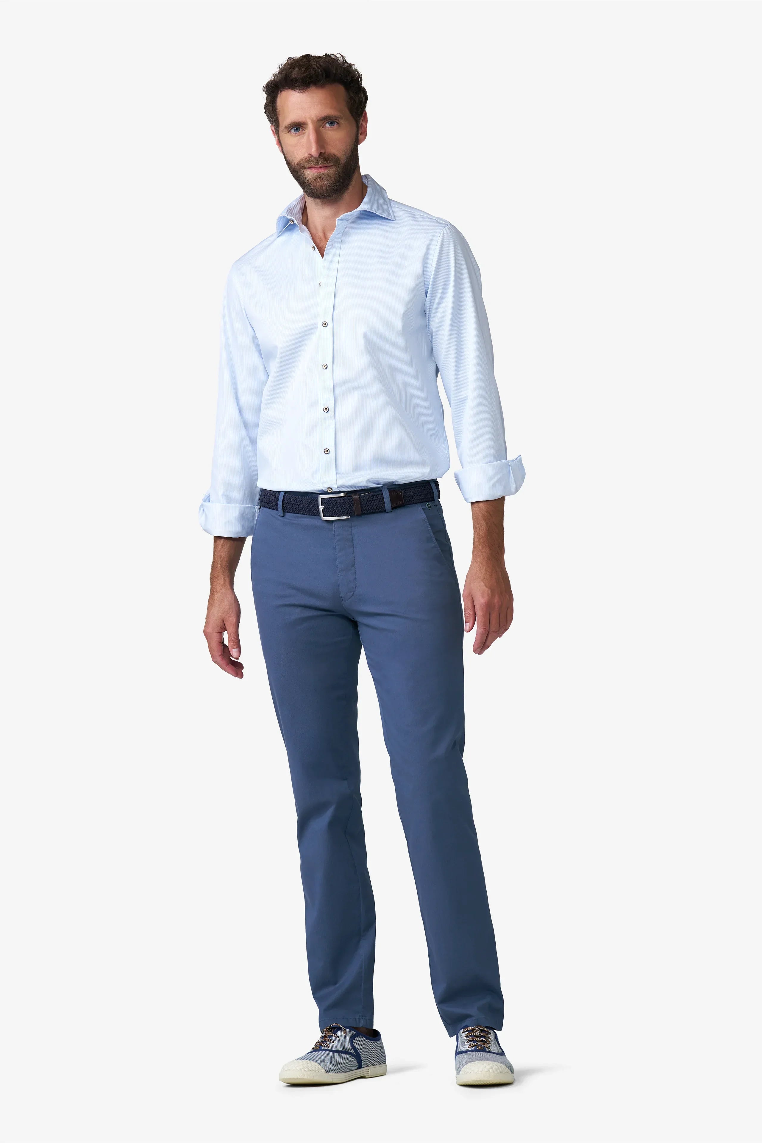 Meyer Oslo Stretch Waist Micro Print Trousers - Mid Blue