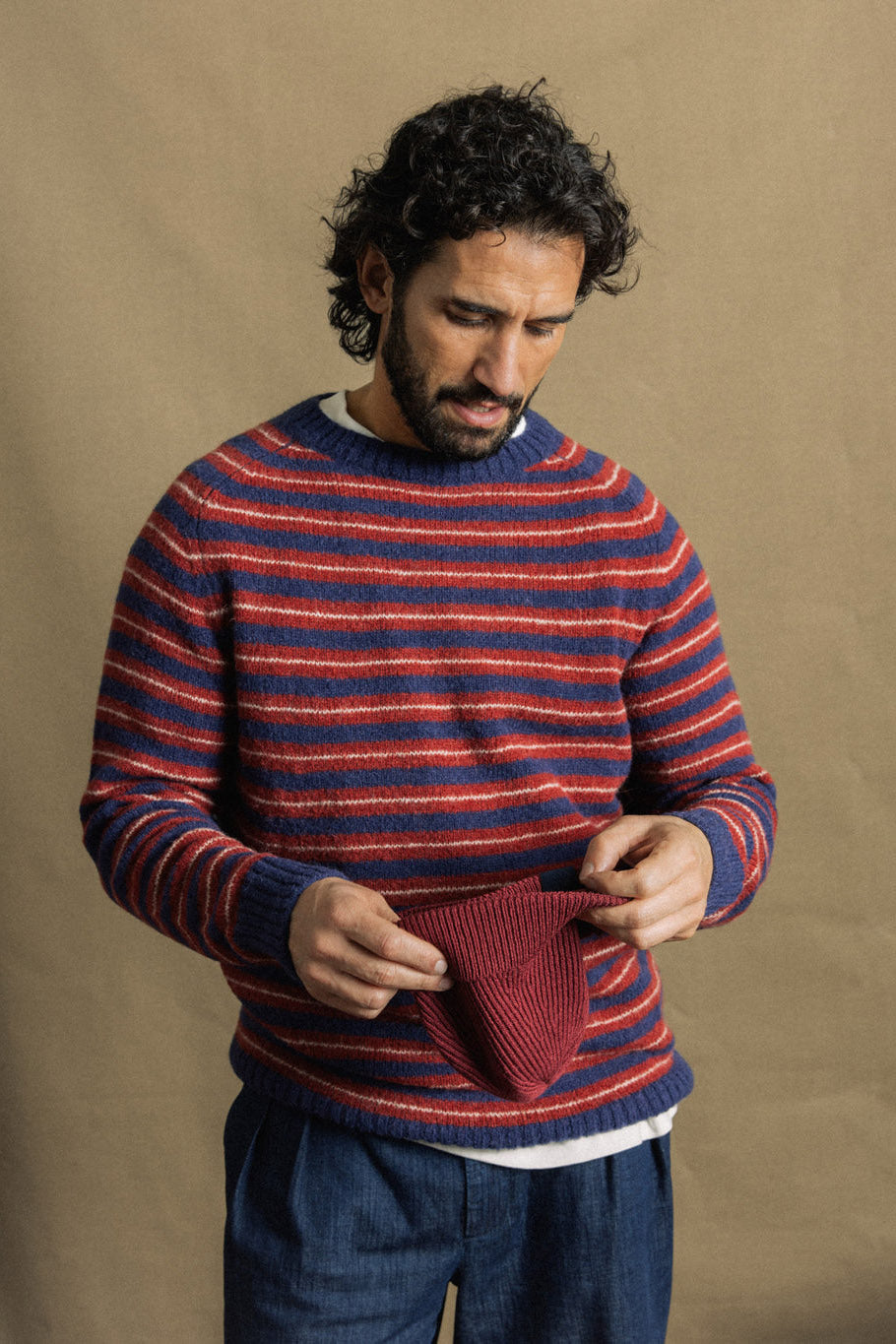 Mos Mosh Carlos Stripe Crew Neck Knit - Indigo Blue Melange