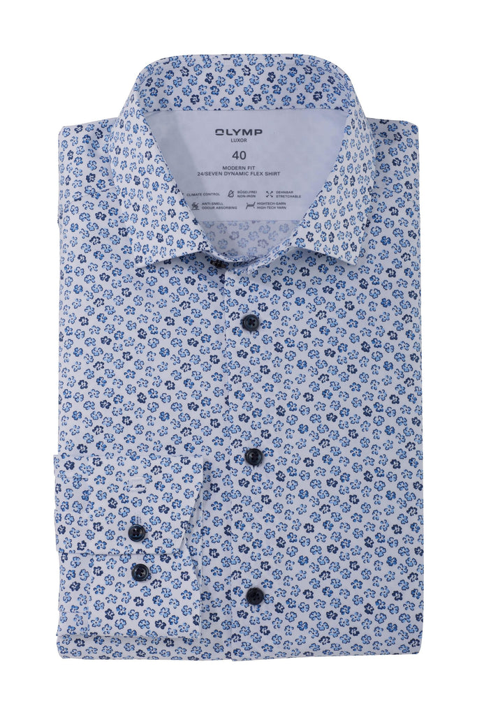 Olymp 24/7 Luxor Modern Fit Dynamic Flex Floral Print Shirt -Blue