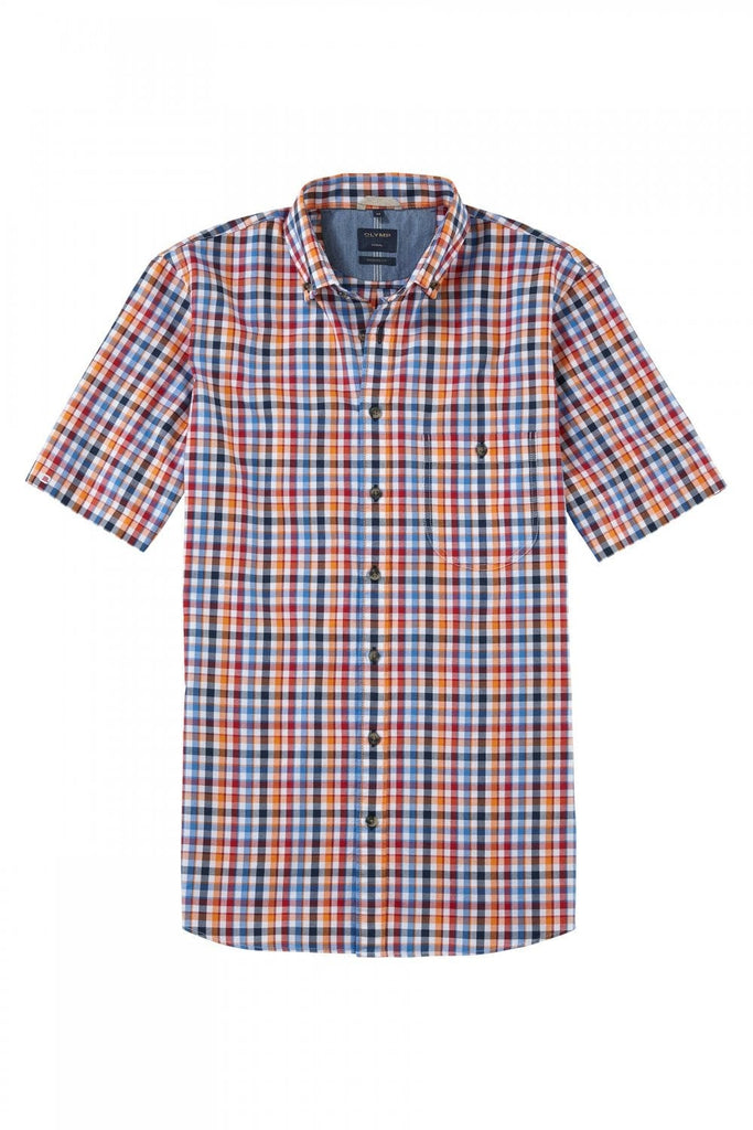 Olymp Casual Modern Fit Check Short Sleeve Shirt - Red/Orange