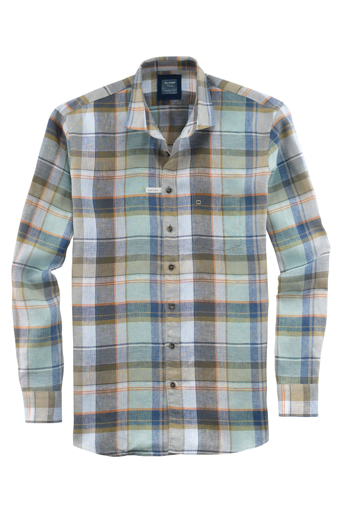 Olymp Casual Modern Fit Linen Check Shirt - Olive/Blue