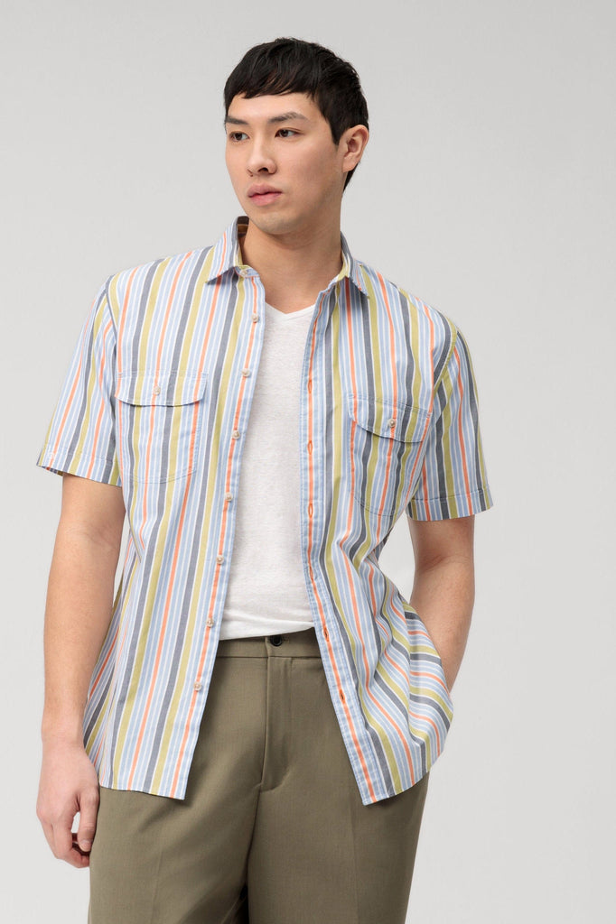Olymp Casual Modern Fit Multi Stripe Short Sleeve Shirt - Green/Blue