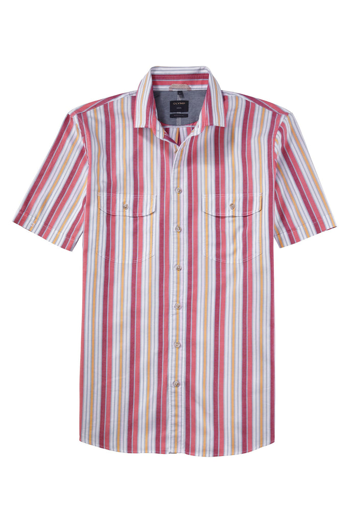 Olymp Casual Modern Fit Multi Stripe Short Sleeve Shirt - Red/Yellow