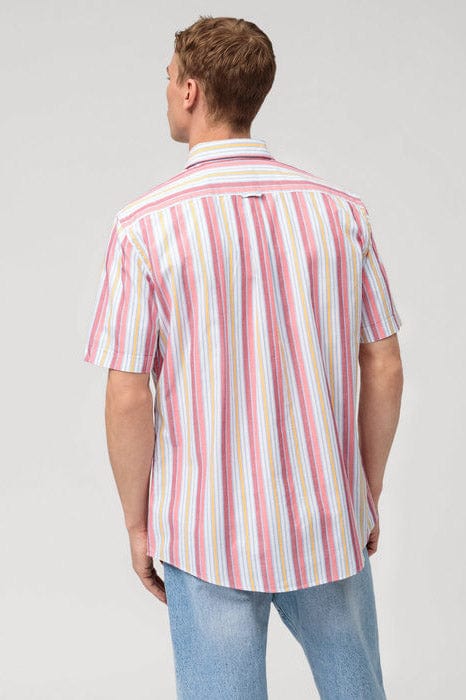 Olymp Casual Modern Fit Multi Stripe Short Sleeve Shirt - Red/Yellow