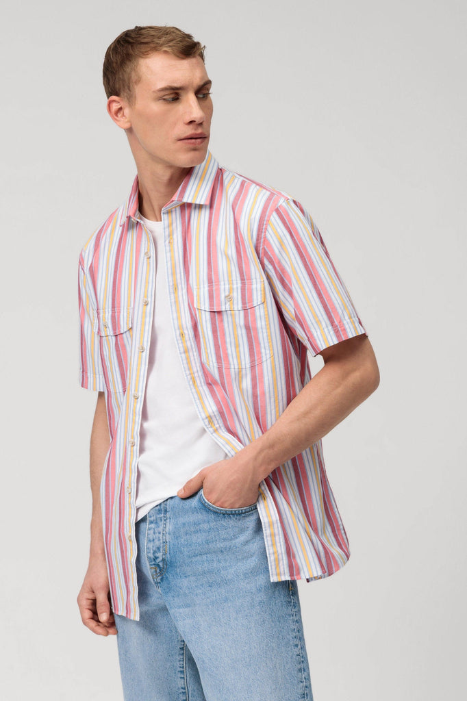 Olymp Casual Modern Fit Multi Stripe Short Sleeve Shirt - Red/Yellow