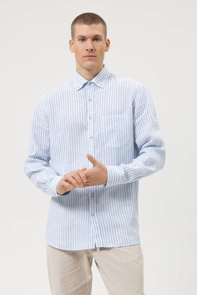 Olymp Casual Modern Fit Stripe Linen Shirt - Blue