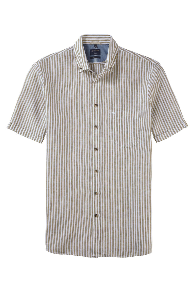 Olymp Casual Modern Fit Stripe Short Sleeve Shirt - Taupe/White