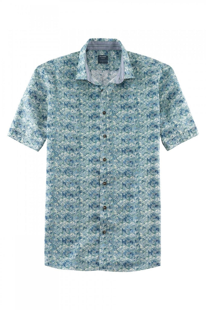 Olymp Casual Modern Fit Tile Print Short Sleeve Shirt - Mint/Blue