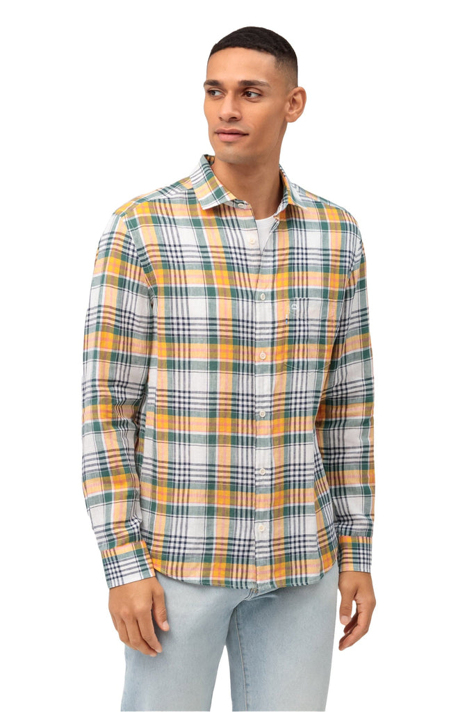 Olymp Casual Regular Fit Linen Check Shirt - Green/Gold
