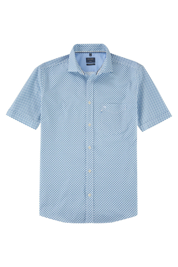 Olymp Casual Regular Fit Short Sleeve Geo Print Shirt - Blue