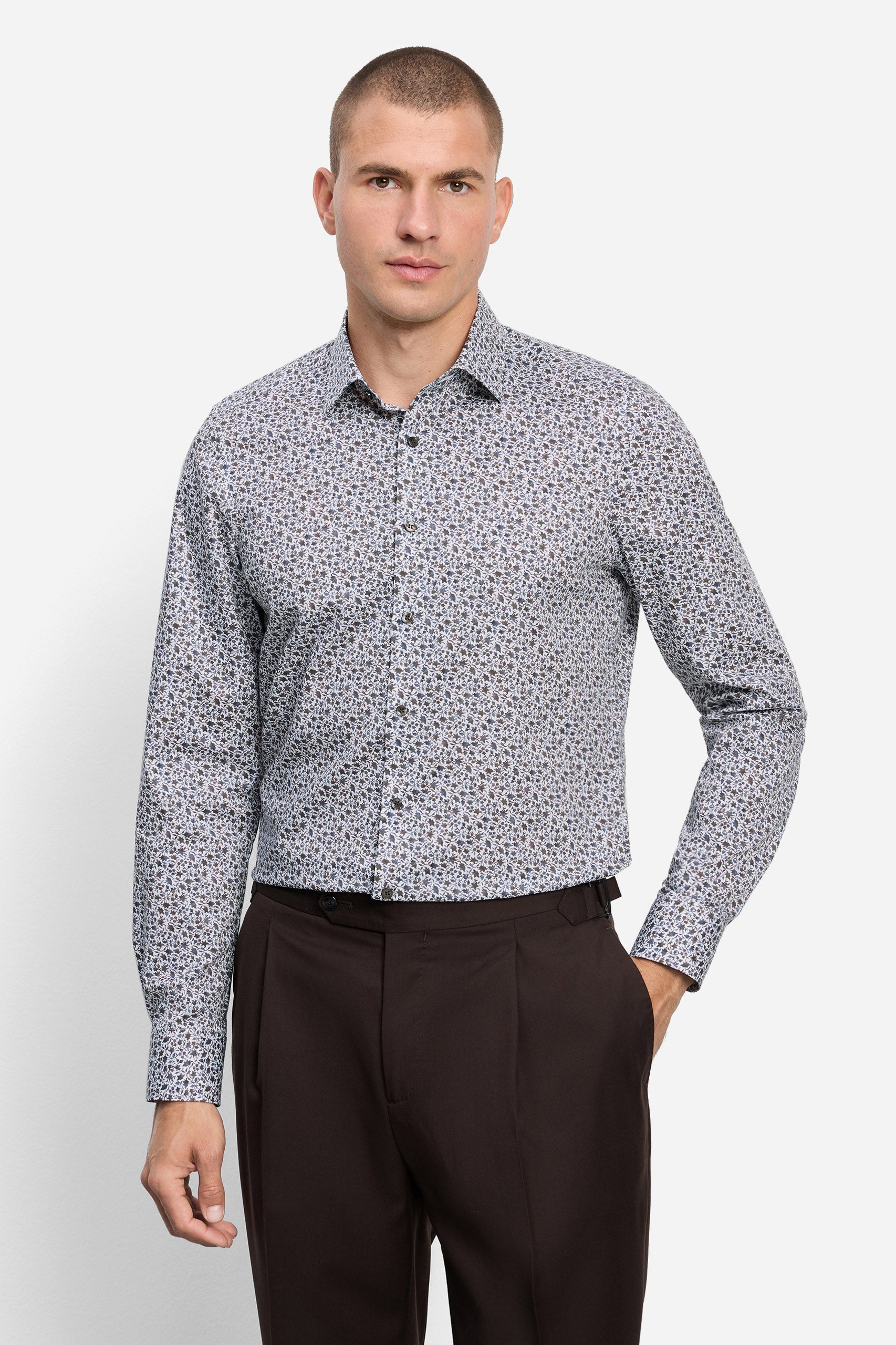 Olymp Level 5 Body Fit Cotton Stretch Neat Floral Shirt - White/Multi