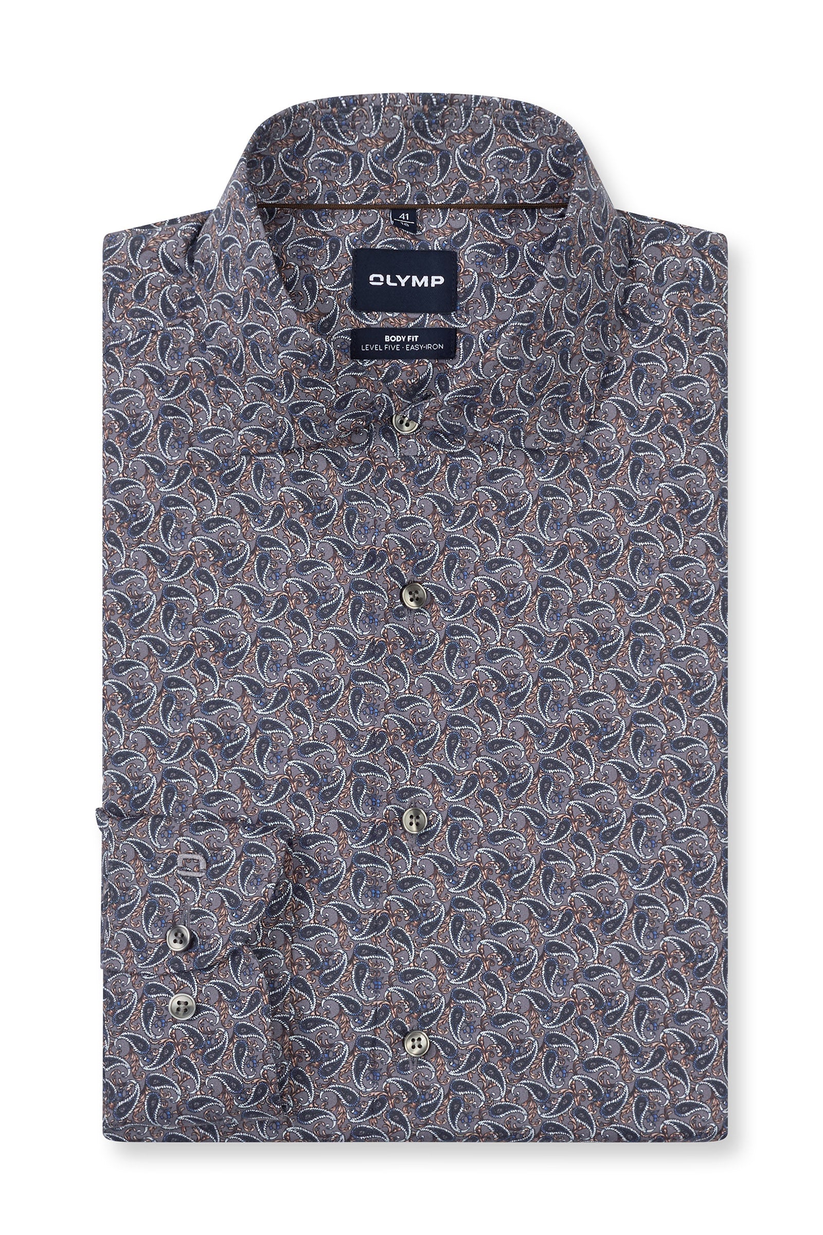 Olymp Level 5 Body Fit Cotton Stretch Paisley Shirt - Navy/Grey