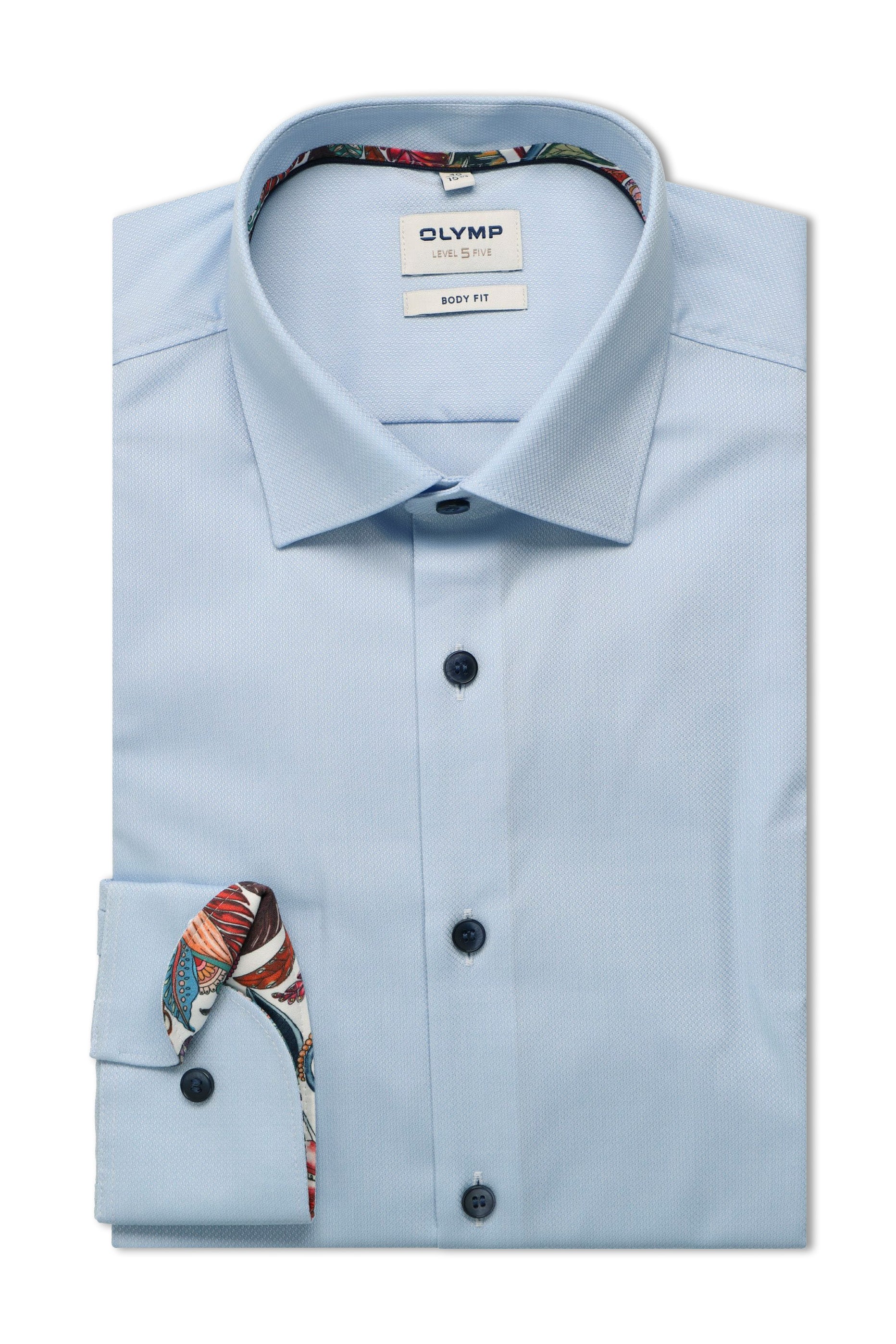 Olymp Level 5 Body Fit Plain Long Sleeve Shirt with Trim - Pale Blue