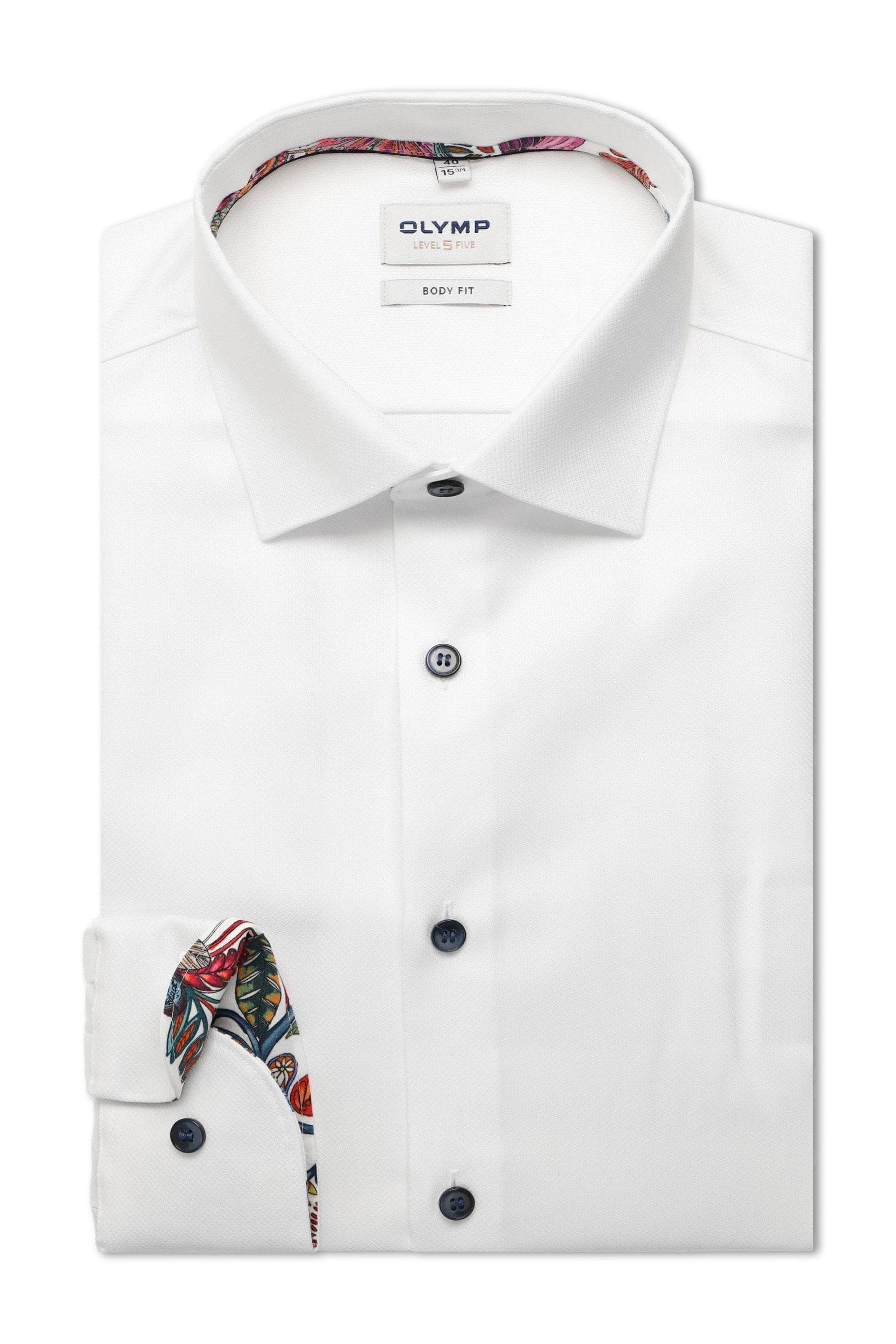 Olymp Level 5 Body Fit Plain Long Sleeve Shirt with Trim - White