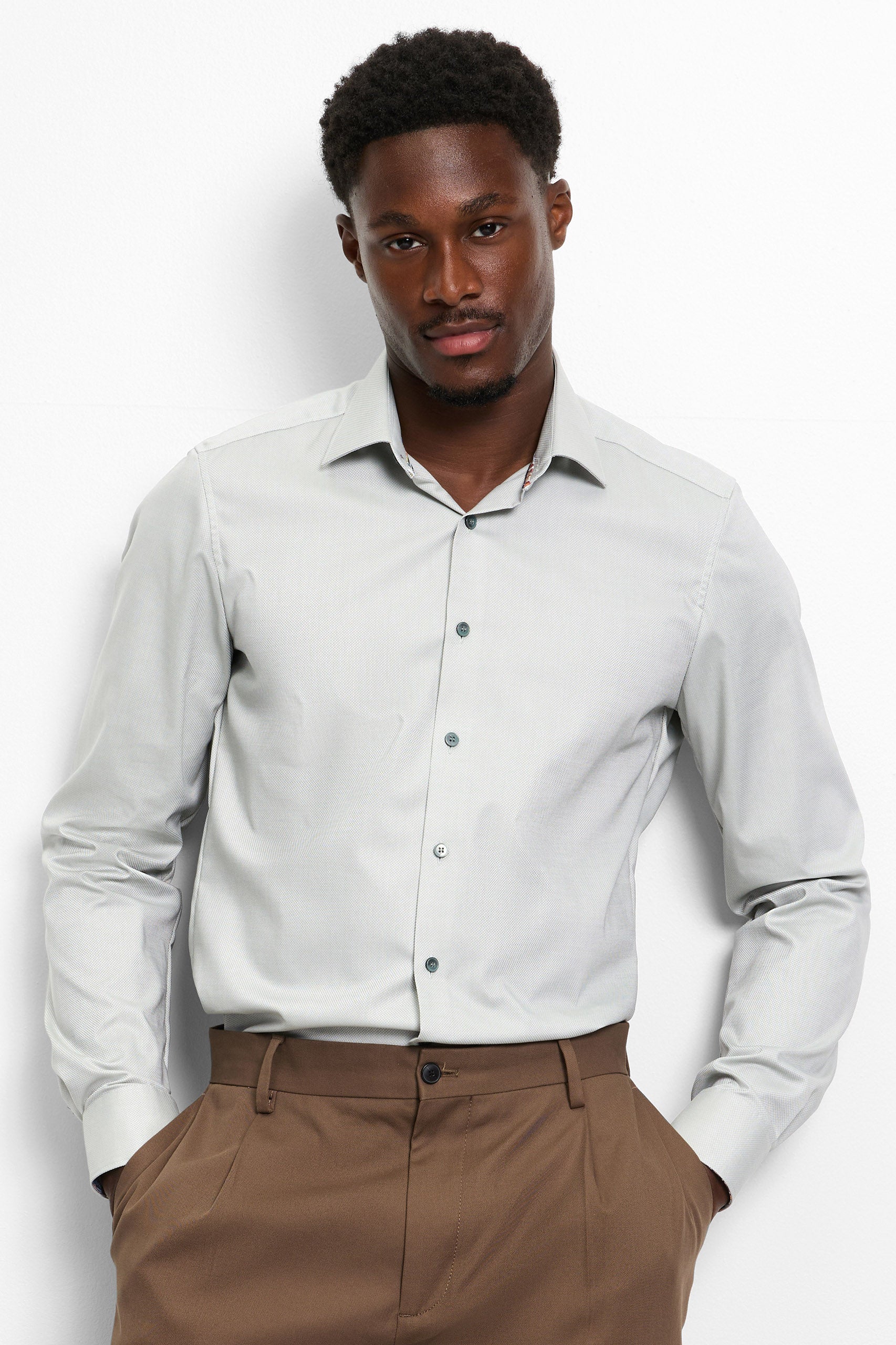 Olymp Level 5 Body Fit Plain Shirt with Trim - Putty