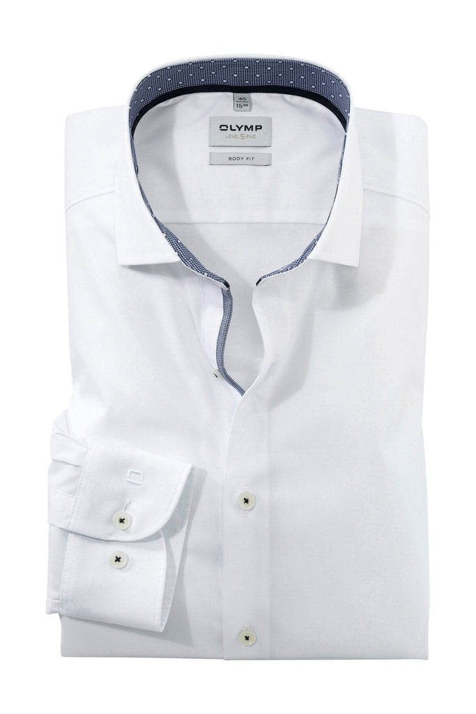 Olymp Level 5 Body Fit Plain Shirt with Trim - White