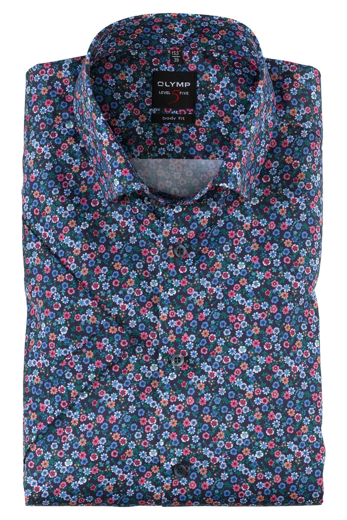 Olymp Level Five Body Fit Micro Flower Print Short Sleeve Shirt - Multi