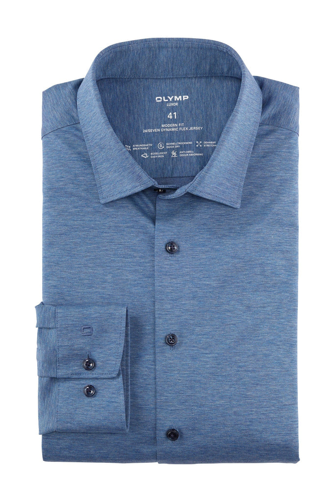 Olymp Luxor 24/7 Modern Fit Flex Jersey Shirt - Blue