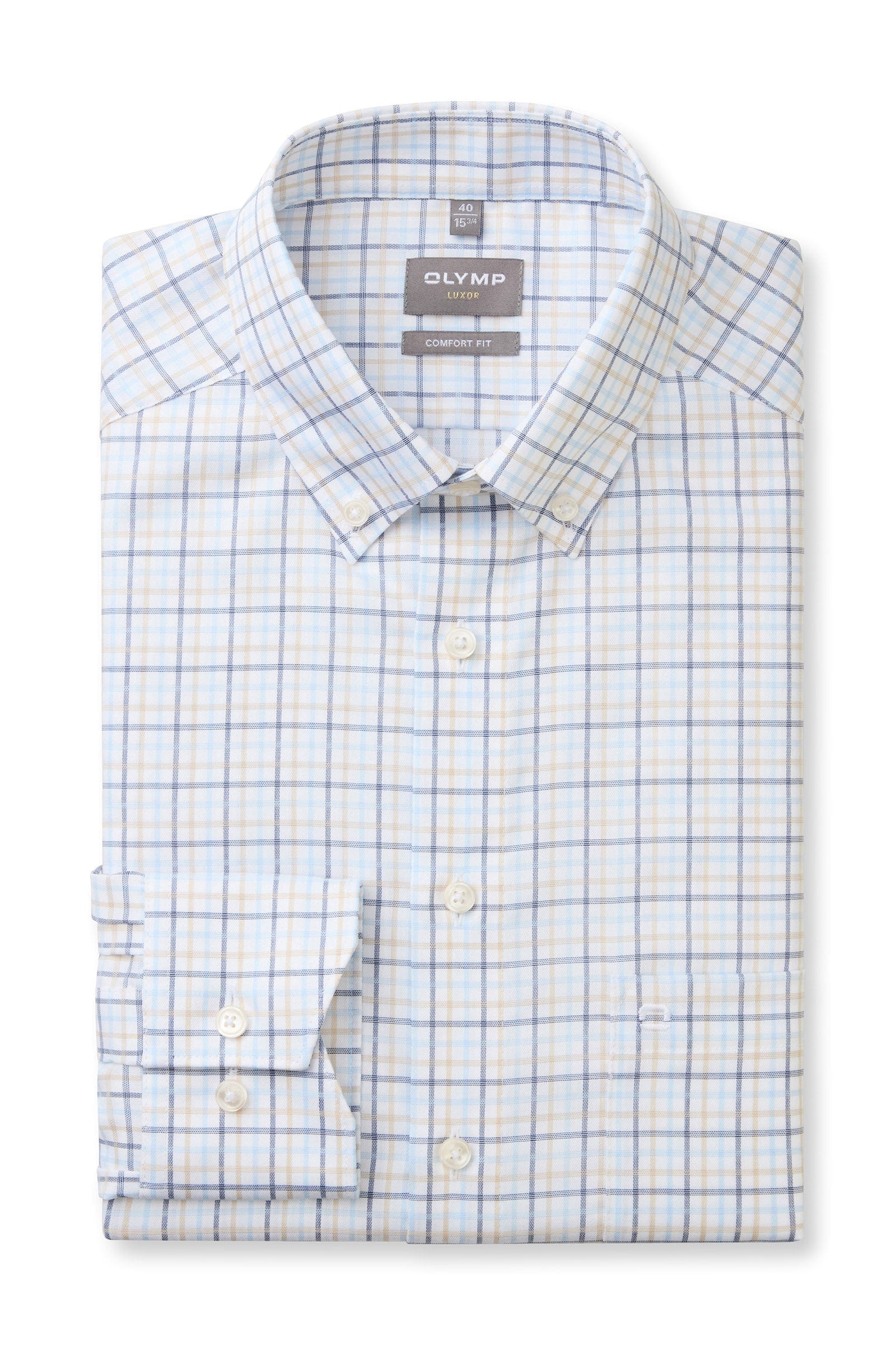 Olymp Luxor Comfort Fit Check Shirt with Button-Down Collar - Blue