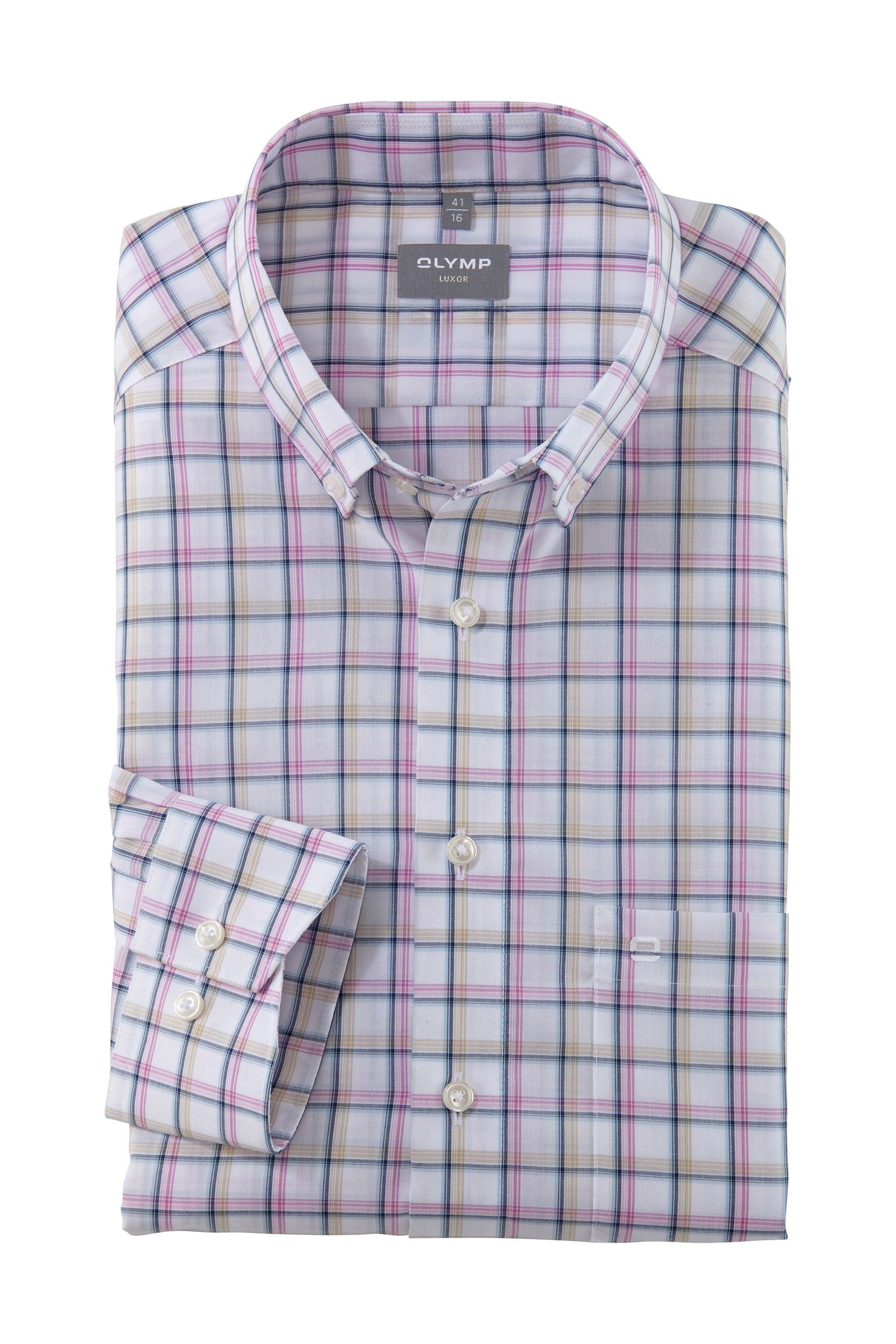 Olymp Luxor Comfort Fit Check Shirt with Button-Down Collar - Pink/Beige