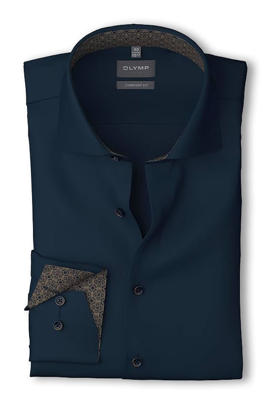 Olymp Luxor Comfort Fit Plain Long Sleeve Shirt with Trim - Navy