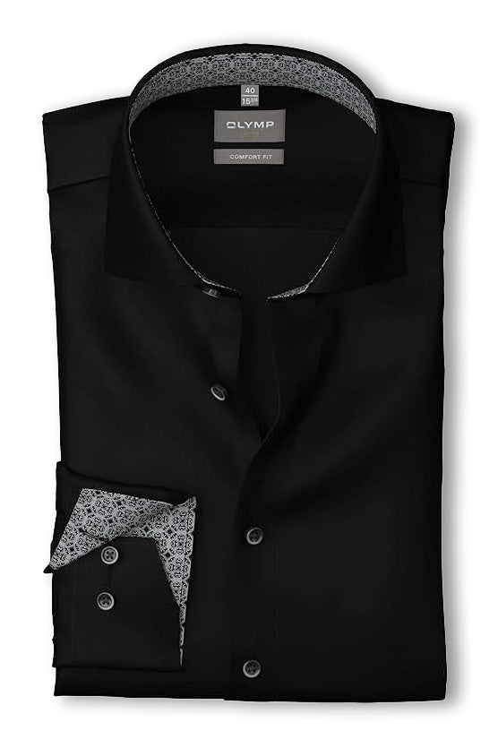 Olymp Luxor Comfort Fit Plain Satin No Pocket Shirt - Black