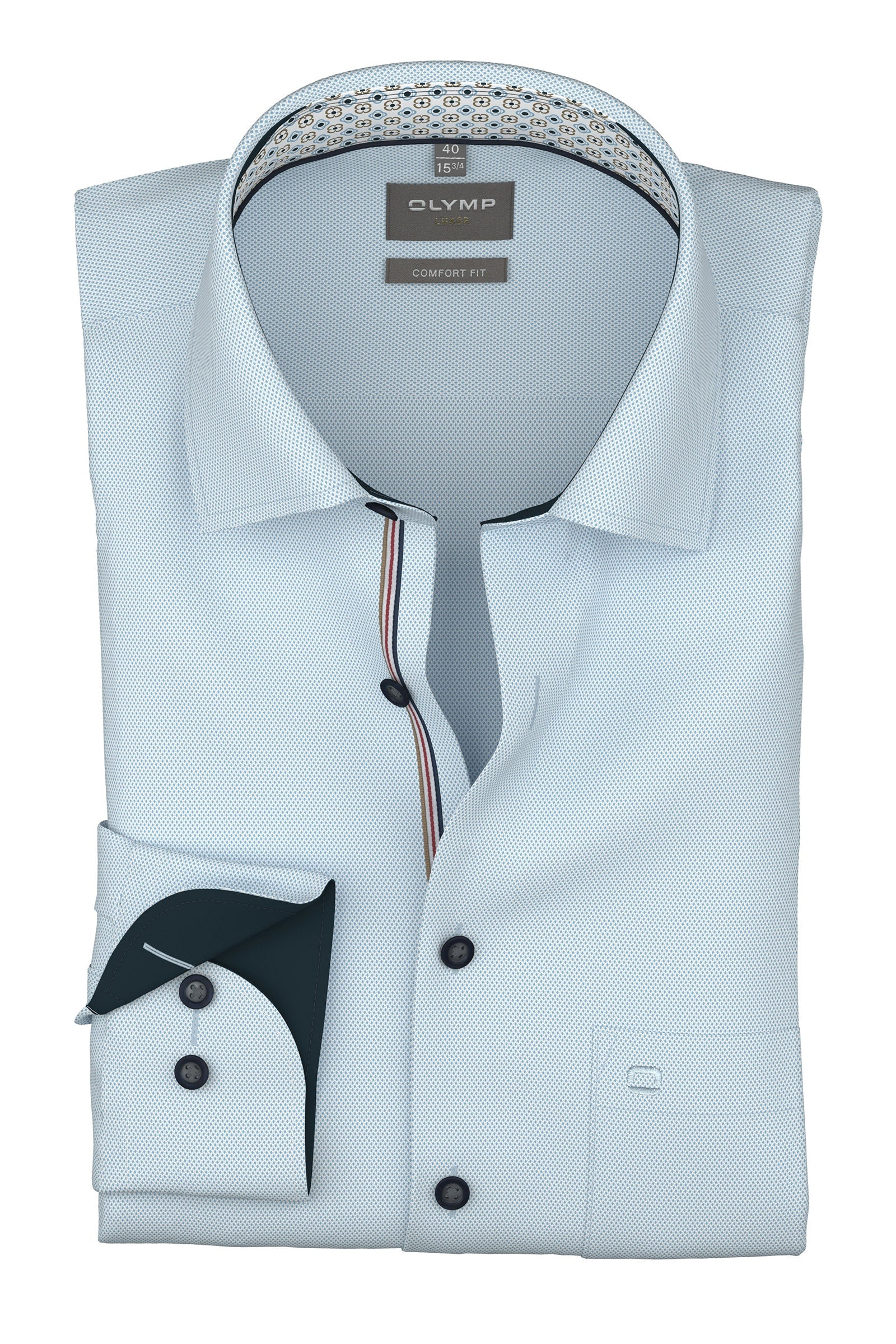 Olymp Luxor Comfort Fit Plain Shirt with Geo Trim - Light Blue