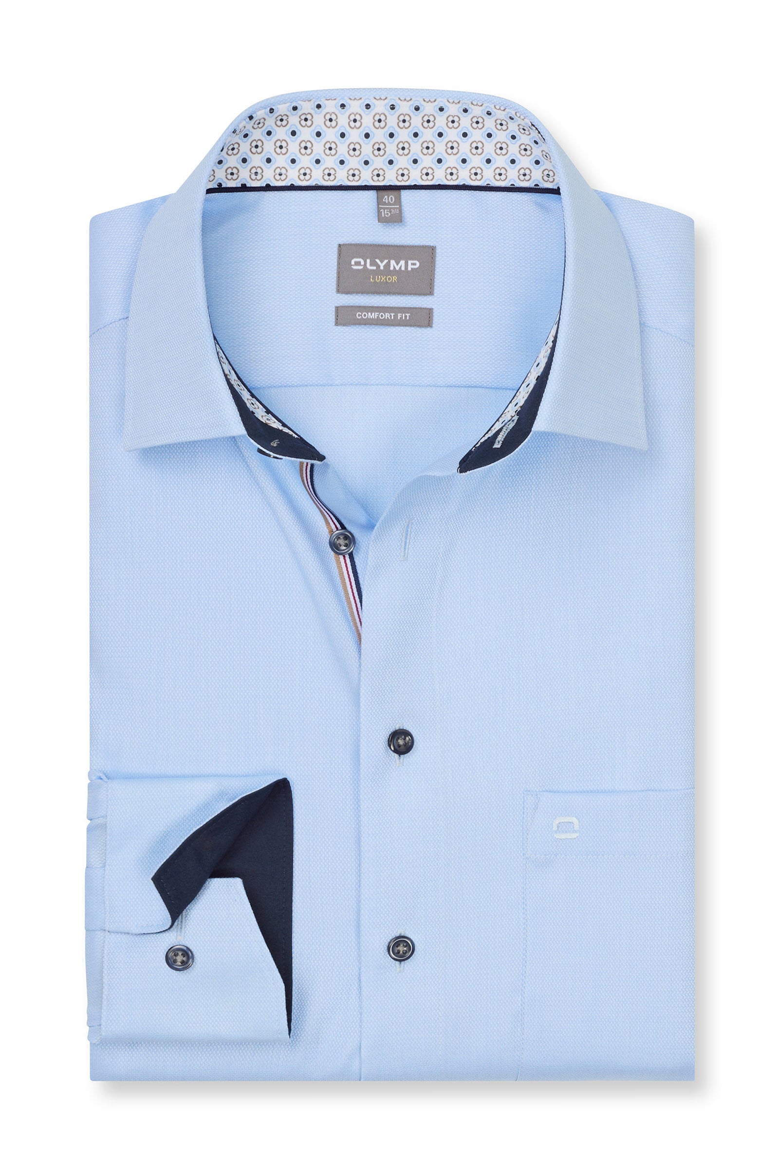 Olymp Luxor Comfort Fit Plain Shirt with Geo Trim - Light Blue