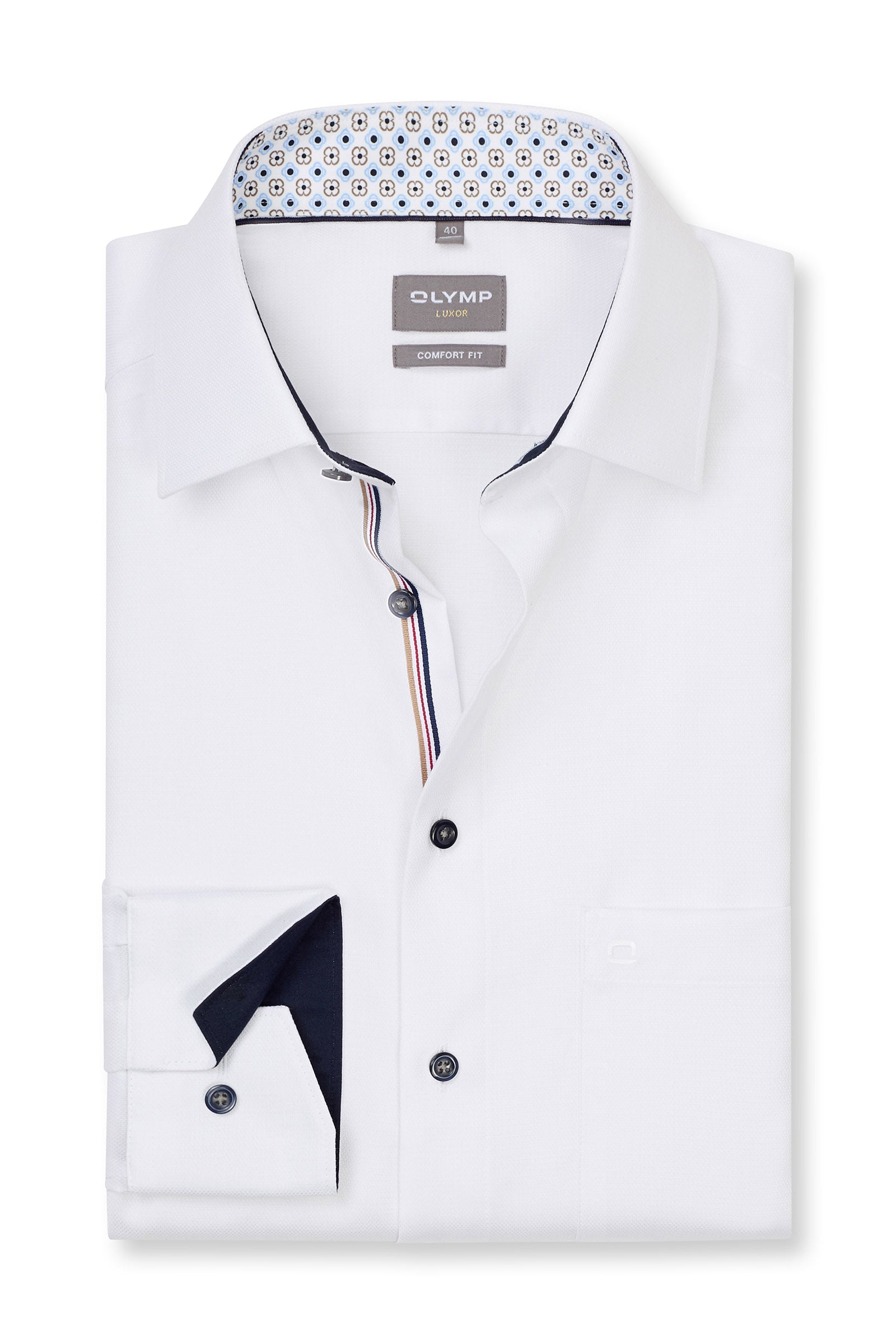 Olymp Luxor Comfort Fit Plain Shirt with Geo Trim - White