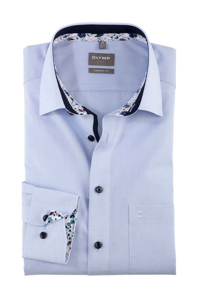 Olymp Luxor Comfort Fit Plain Shirt with Trim - Light Blue
