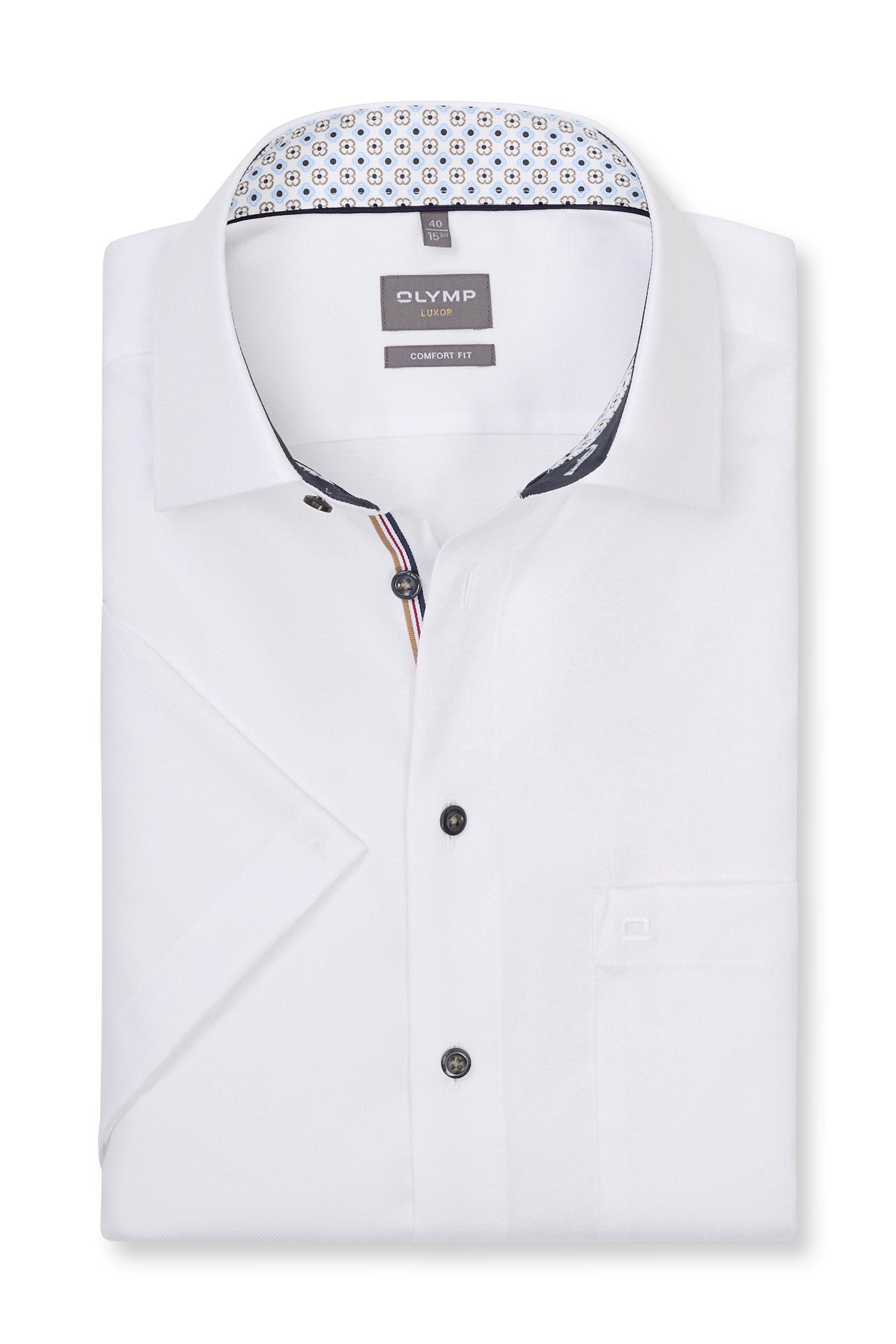 Olymp Luxor Comfort Fit Short Sleeve Shirt with Geo Trim - White
