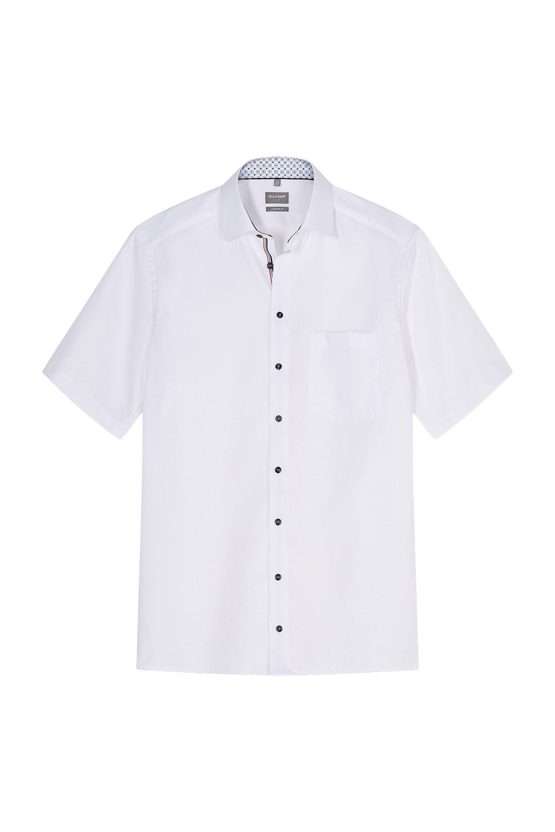 Olymp Luxor Comfort Fit Short Sleeve Shirt with Geo Trim - White